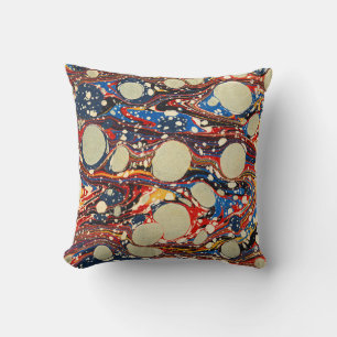 MARBLED ABSTRACT RED BLUE SWIRLS,WHITE CIRCLES CUSHION