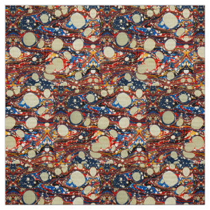 MARBLED ABSTRACT RED BLUE SWIRLS,WHITE CIRCLES FABRIC