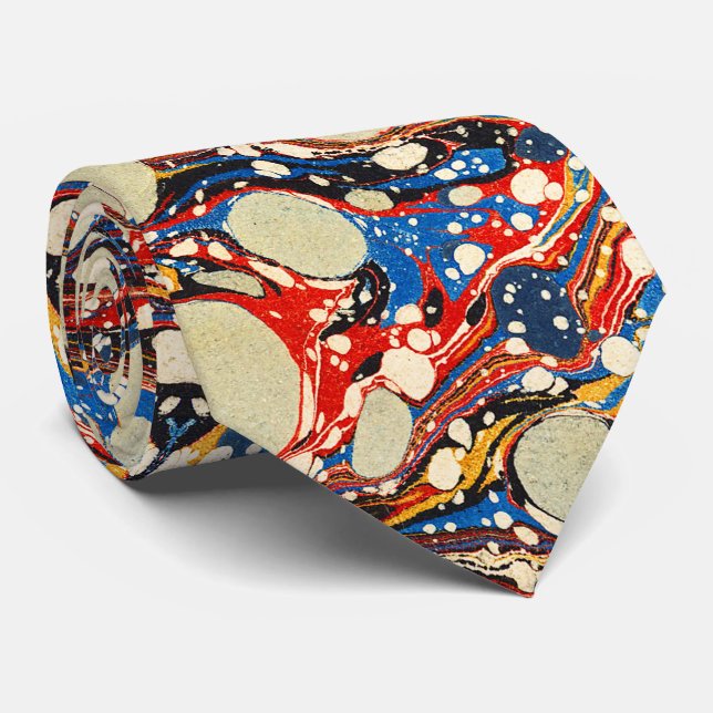 MARBLED ABSTRACT RED BLUE SWIRLS,WHITE CIRCLES TIE (Rolled)
