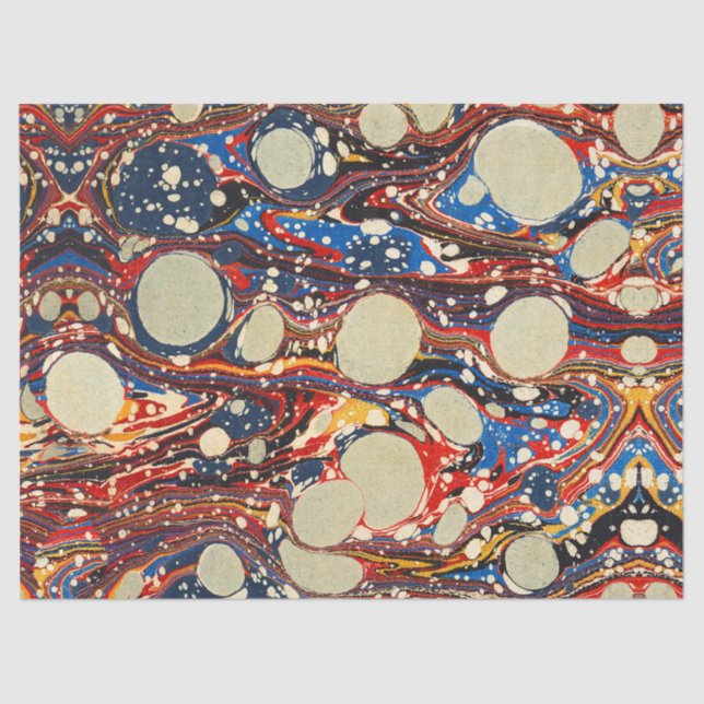 MARBLED ABSTRACT RED BLUE SWIRLS,WHITE CIRCLES TISSUE PAPER (Front)