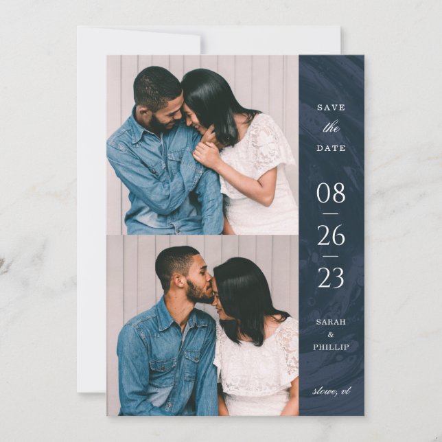 Marbled Band 2-Photo Save the Date Card - Blue (Front)