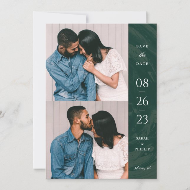 Marbled Band 2-Photo Save the Date Card - Green (Front)