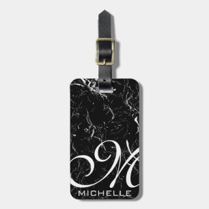 Marbled Black Script Monogrammed Luggage Tag