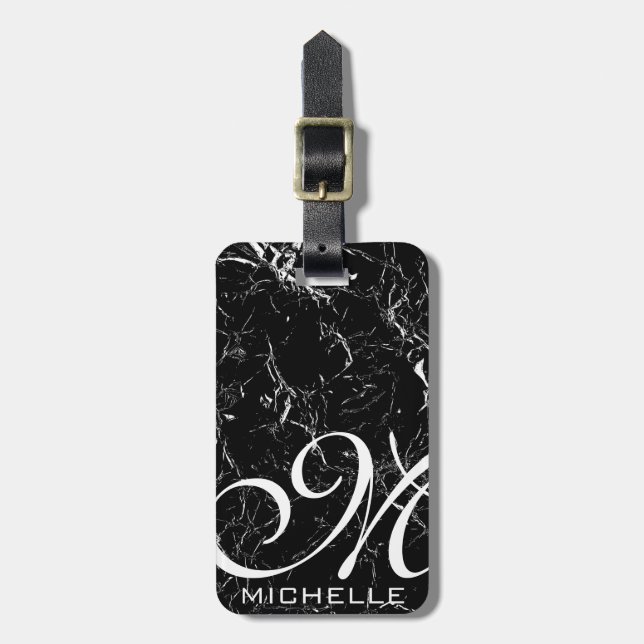 Marbled Black Script Monogrammed Luggage Tag (Front Vertical)