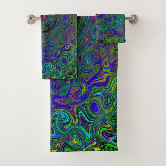 Marbled Blue and Aquamarine Abstract Retro Swirl Bath Towel Set (Insitu)