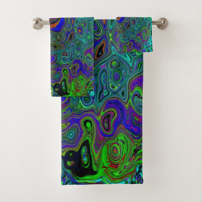 Marbled Blue and Aquamarine Abstract Retro Swirl Bath Towel Set (Insitu)