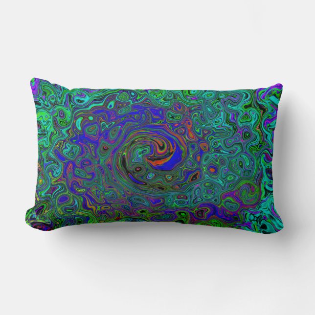 Marbled Blue and Aquamarine Abstract Retro Swirl Lumbar Cushion (Front)