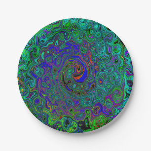 Marbled Blue and Aquamarine Abstract Retro Swirl Paper Plate