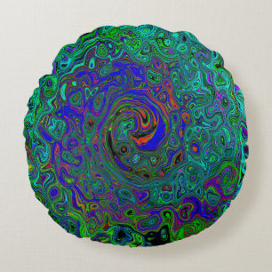 Marbled Blue and Aquamarine Abstract Retro Swirl Round Cushion