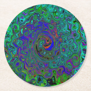 Marbled Blue and Aquamarine Abstract Retro Swirl Round Paper Coaster