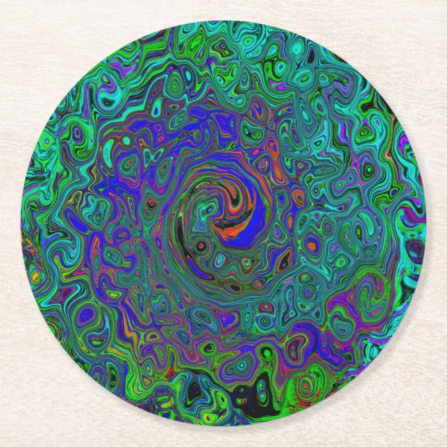 Marbled Blue and Aquamarine Abstract Retro Swirl Round Paper Coaster (Front)