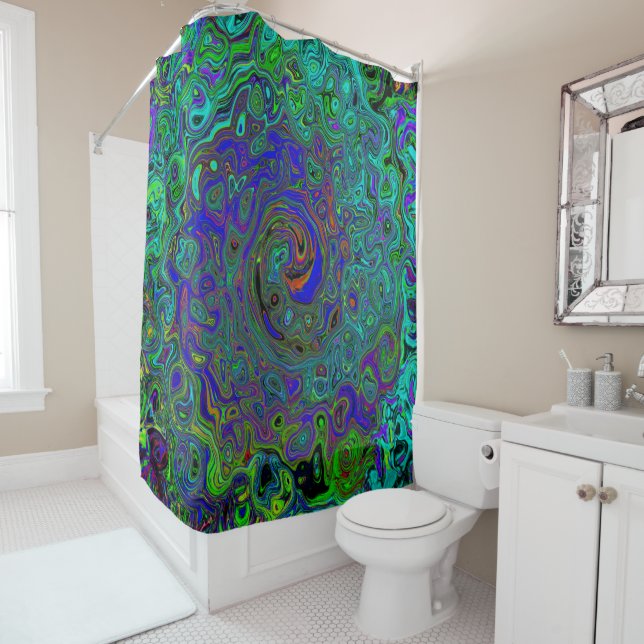Marbled Blue and Aquamarine Abstract Retro Swirl Shower Curtain (In Situ)