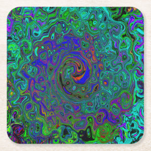 Marbled Blue and Aquamarine Abstract Retro Swirl Square Paper Coaster