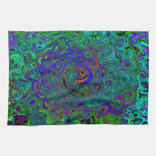 Marbled Blue and Aquamarine Abstract Retro Swirl Tea Towel