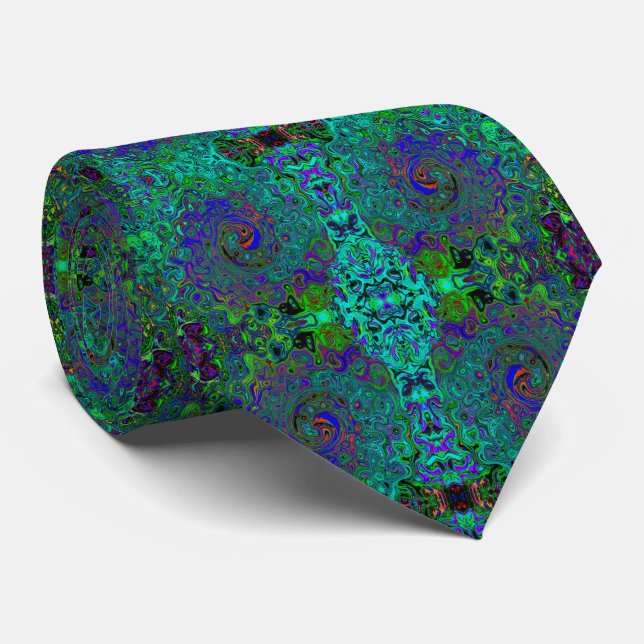 Marbled Blue and Aquamarine Abstract Retro Swirl Tie (Rolled)