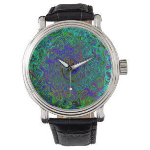 Marbled Blue and Aquamarine Abstract Retro Swirl Watch