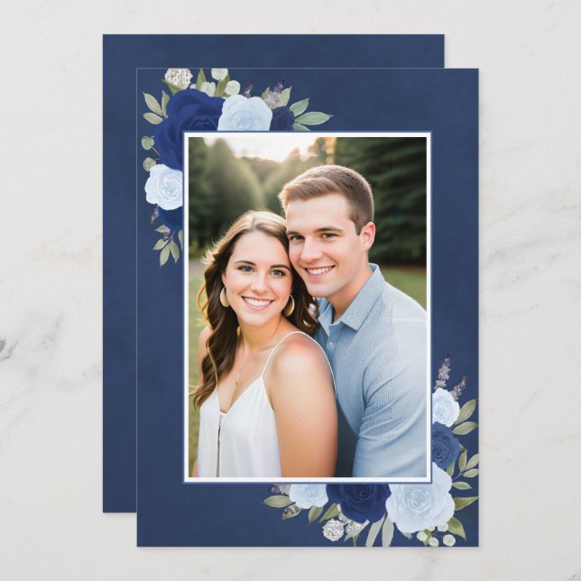 Marbled Blue Boho Roses Photo Underlay Wedding Invitation (Front/Back)