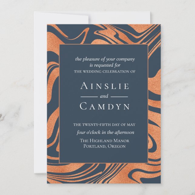 Marbled Copper Navy Blue Wedding Invitation (Front)