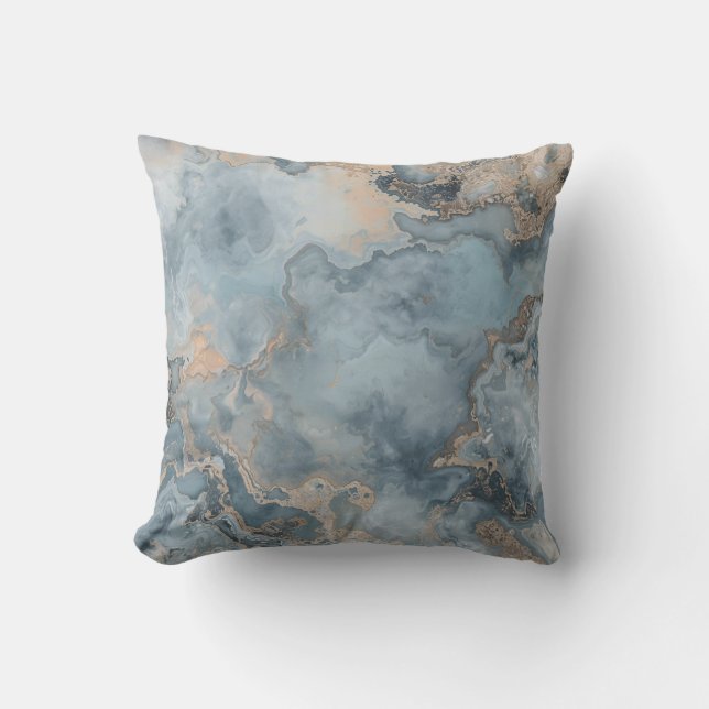 Marbled Dusty Blue Grey Tan Contemporary 16" Cushion (Front)