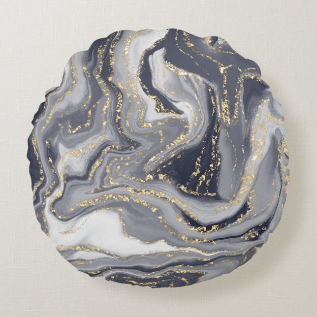 Marbled Grey, White and Gold Round Cushion (Front)