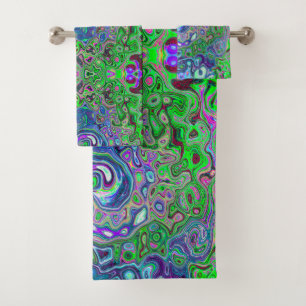 Marbled Lime Green and Purple Abstract Retro Swirl Bath Towel Set