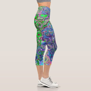 Marbled Lime Green and Purple Abstract Retro Swirl Capri Leggings