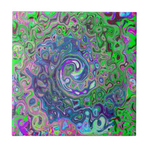Marbled Lime Green and Purple Abstract Retro Swirl Ceramic Tile