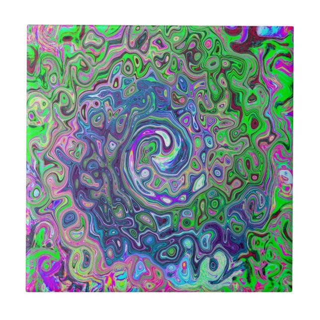 Marbled Lime Green and Purple Abstract Retro Swirl Ceramic Tile (Front)