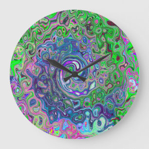 Marbled Lime Green and Purple Abstract Retro Swirl Large Clock