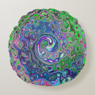 Marbled Lime Green and Purple Abstract Retro Swirl Round Cushion