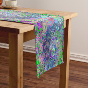 Marbled Lime Green and Purple Abstract Retro Swirl Short Table Runner