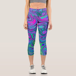 Marbled Magenta and Lime Green Groovy Abstract Art Capri Leggings
