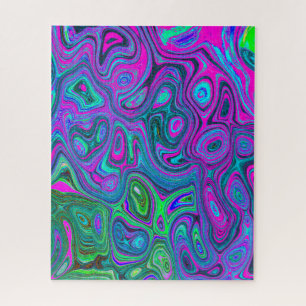 Marbled Magenta and Lime Green Groovy Abstract Art Jigsaw Puzzle