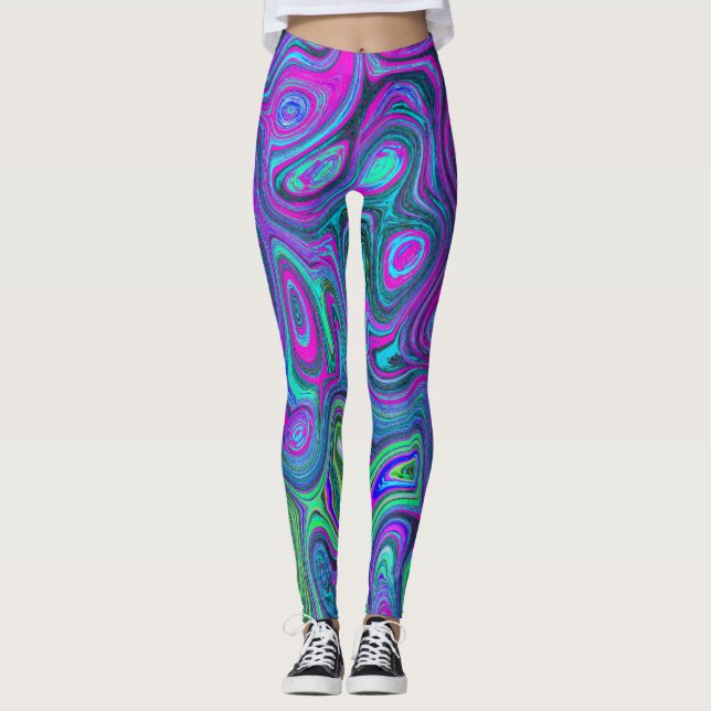 Marbled Magenta and Lime Green Groovy Abstract Art Leggings (Front)