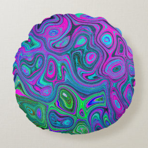 Marbled Magenta and Lime Green Groovy Abstract Art Round Cushion