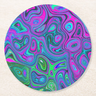 Marbled Magenta and Lime Green Groovy Abstract Art Round Paper Coaster