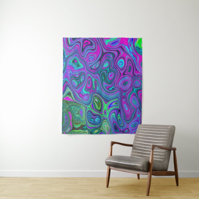 Marbled Magenta and Lime Green Groovy Abstract Art Tapestry (In Situ)