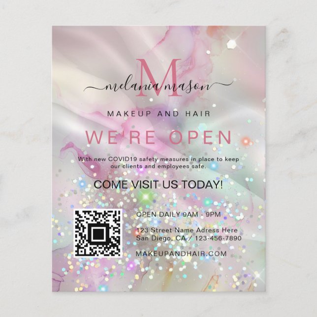 Marbled Makeup Artist Holographic Glitter QR Code Flyer (Front)