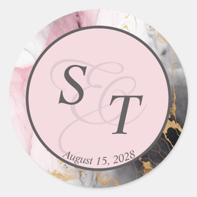 Marbled Monogram Dusty Rose Black Gold Abstract Classic Round Sticker (Front)