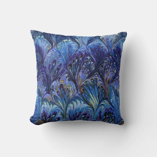 MARBLED PAPER,ABSTRACT BLUE PEACOCK PATTERN,SWIRLS CUSHION (Front)