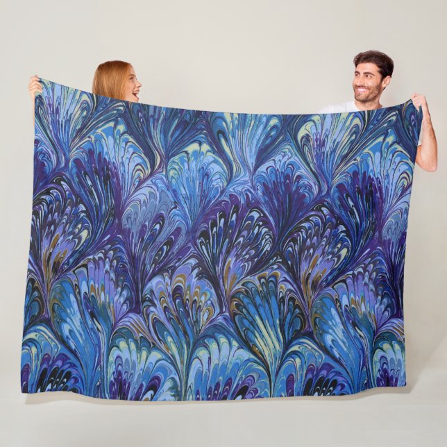 MARBLED PAPER,ABSTRACT BLUE PEACOCK PATTERN,SWIRLS FLEECE BLANKET (In Situ)