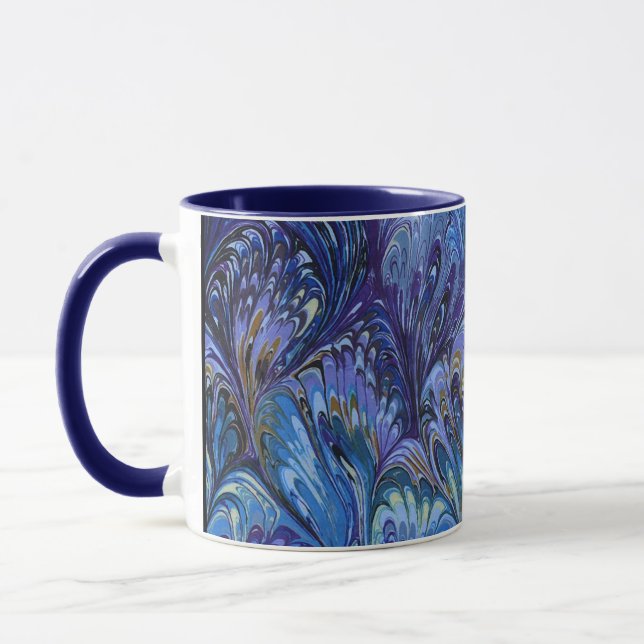 MARBLED PAPER,ABSTRACT BLUE PEACOCK PATTERN,SWIRLS MUG (Left)