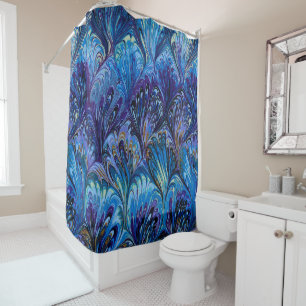 MARBLED PAPER,ABSTRACT BLUE PEACOCK PATTERN,SWIRLS SHOWER CURTAIN