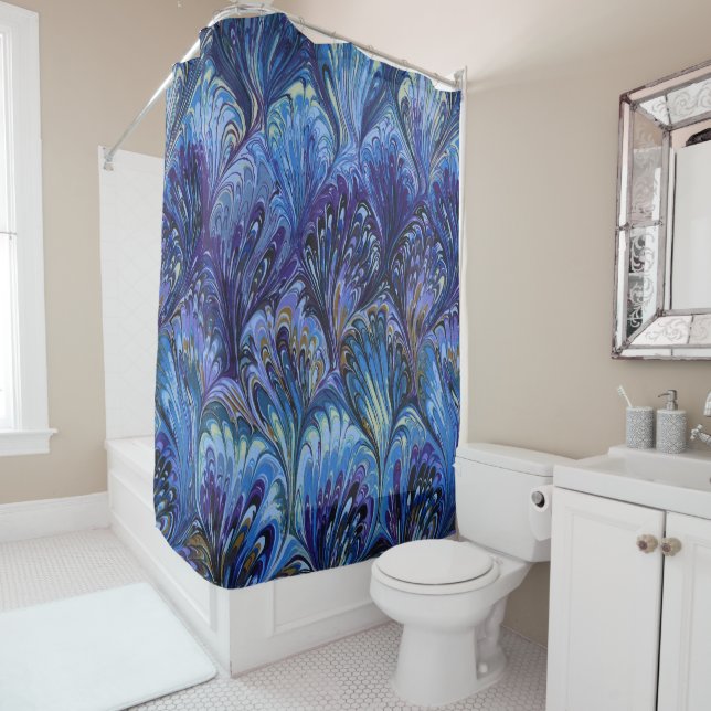 MARBLED PAPER,ABSTRACT BLUE PEACOCK PATTERN,SWIRLS SHOWER CURTAIN (In Situ)