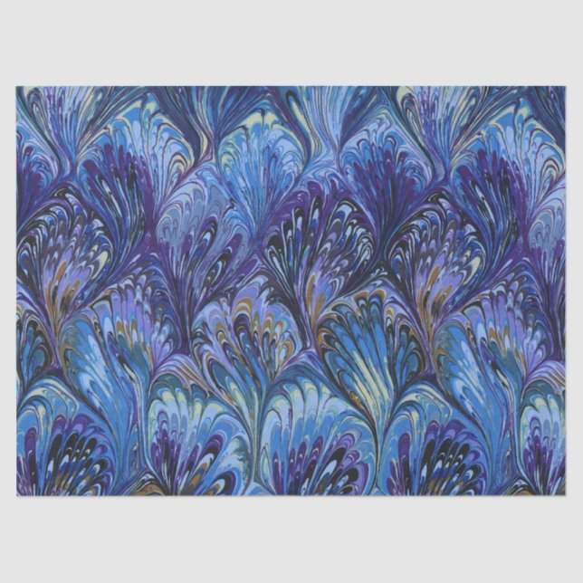 MARBLED PAPER,ABSTRACT BLUE PEACOCK PATTERN,SWIRLS TISSUE PAPER (Front)