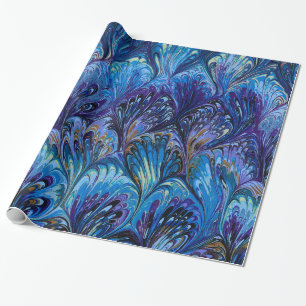 MARBLED PAPER,ABSTRACT BLUE PEACOCK PATTERN,SWIRLS WRAPPING PAPER