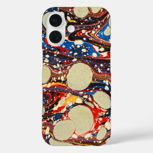 MARBLED PAPER,ABSTRACT BLUE ,SWIRLS,WHITE CIRCLES iPhone 16 CASE