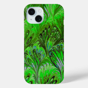 MARBLED PAPER,ABSTRACT GREEN PEACOCK PATTERN iPhone 15 CASE