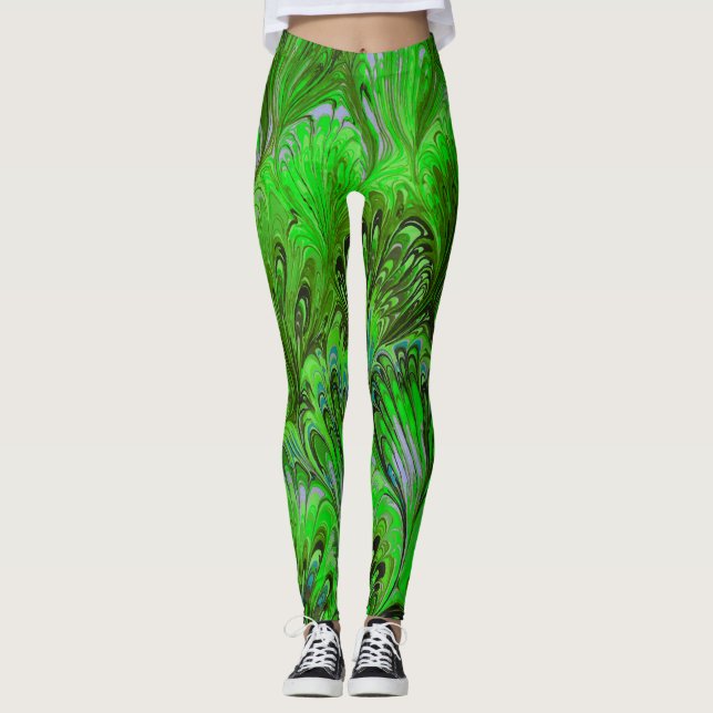 MARBLED PAPER,ABSTRACT GREEN PEACOCK PATTERN LEGGINGS (Front)