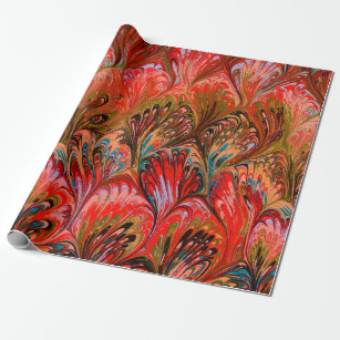 MARBLED PAPER,ABSTRACT RED BLUE PEACOCK PATTERN WRAPPING PAPER